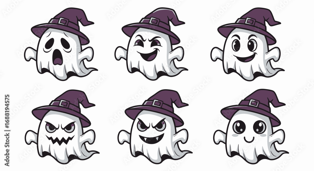 Fototapeta premium Six cartoon ghosts with different expressions, each wearing a witch's hat, conveying various emotions like surprise, joy, and anger.