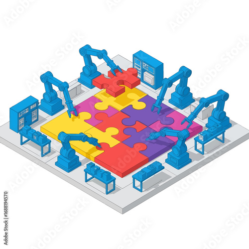 Isometric View of Robotic Arms Assembling Colorful Puzzle Pieces on Gray Platform for Automation Concept and Manufacturing Illustration