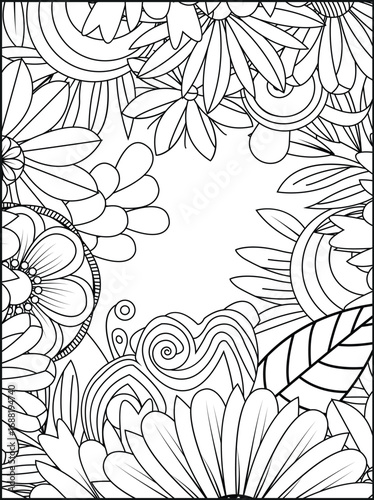 Intricate floral border design featuring daisies and swirls for coloring or decoration white background