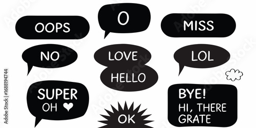 Collection of black speech bubbles with white text messages and emojis on a white background