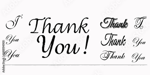 Collection of elegant handwritten script typography phrases thank you and you in black and gray