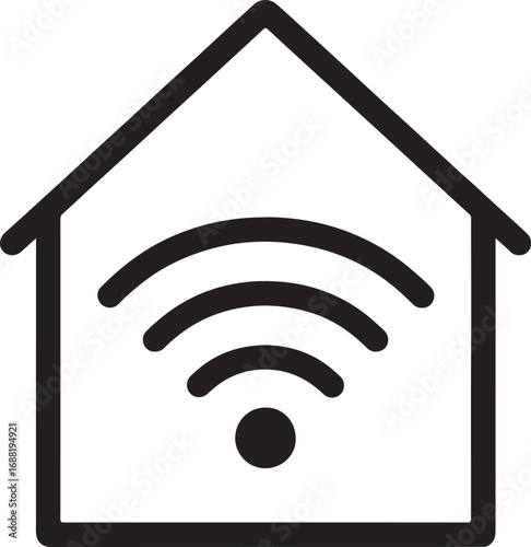 Vector art of simple black and white outline icon of a house with a wifi symbol inside