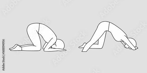 Two stylized line drawings of figures performing yoga poses one in child s pose and the other in downward facing dog