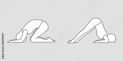 Two minimalist line drawings of a person performing yoga poses on a plain gray background