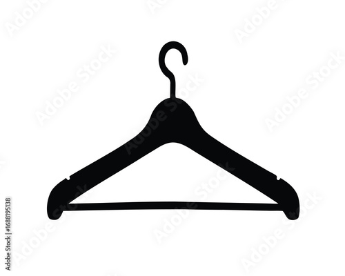 Black silhouette of clothes hanger against a plain white background image