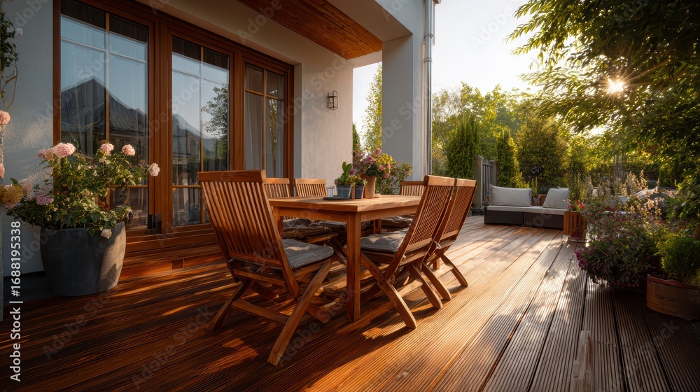 Fototapeta premium New wooden deck with patio furniture in backyard.
