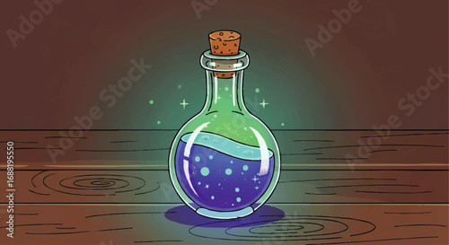 Magical potion in a glass bottle with cork stopper emitting light.