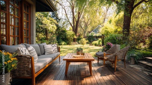 New wooden deck with patio furniture in backyard.