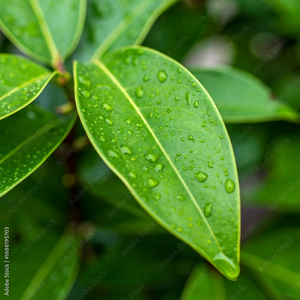 Fototapeta premium Close-up of vibrant green leaves with water droplets (1)