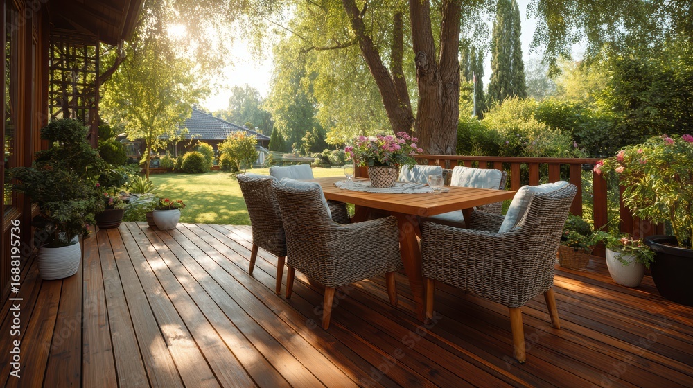 Fototapeta premium New wooden deck with patio furniture in backyard.