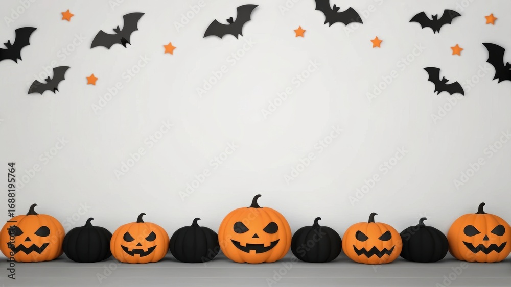 Fototapeta premium Halloween-themed scene featuring decorated pumpkins and bats on a plain wall, creating a festive atmosphere.