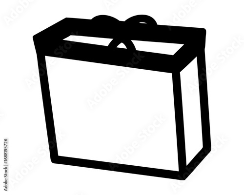 Stylized black and white graphic of a gift bag with ribbon handles