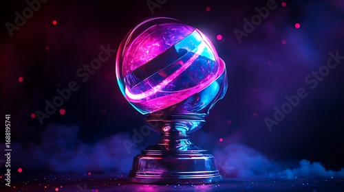 Futuristic Neon Orb Trophy Swirling Lights and Smoke on Dark Background sphere glowing