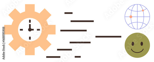 Gear with clock represents efficiency and time, globe suggests global reach, lines imply progress, and happy face indicates satisfaction. Ideal for business, technology, teamwork, productivity