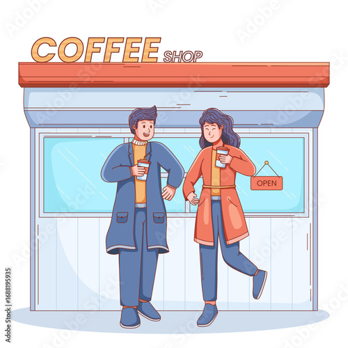 Cartoon illustration of a couple standing in front of a coffee shop, holding takeaway cups and smiling at each other. Both wear warm coats, creating a cozy and friendly café atmosphere.