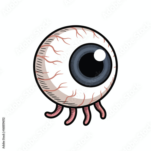 Cartoon eyeball with visible veins and pink tendrils, vector illustration of spooky or surreal eye design in bold graphic style