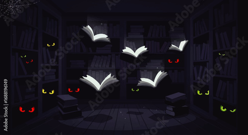 Mysterious floating books in a dark library with glowing eyes watching.