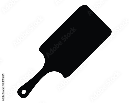 Black silhouette of a pizza peel or serving board on white backdrop