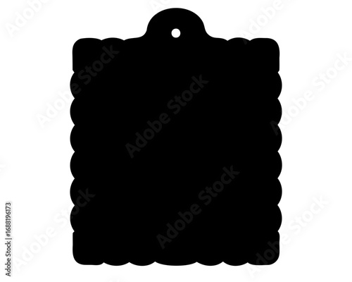 Black tag with scallop edge detail and a hole for hanging merchandise