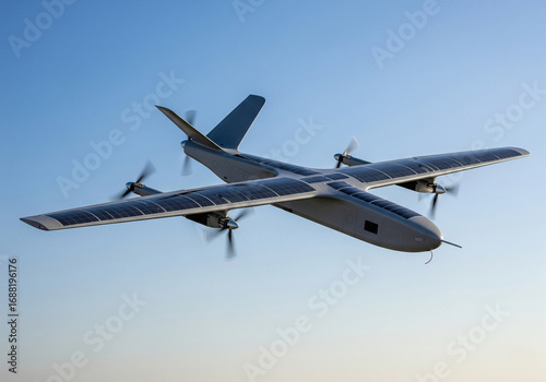 Cutting-edge solar-powered unmanned aerial vehicle (UAV) in flight, featuring advanced photovoltaic cells on its wings for extended endurance and sustainable aerial operations