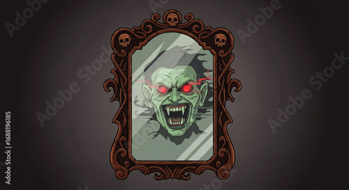Scary Vampire Face Reflected in Ornate Mirror.