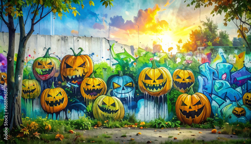 Spooky pumpkin mural for Halloween. Colorful Halloween graffiti pumpkins. Pumpkin street art with city background. Graffiti pumpkins and spooky vibes. Urban art with Halloween pumpkins