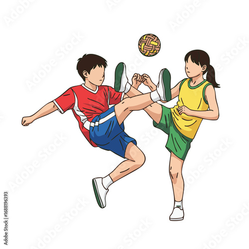 Energetic illustration of young athletes playing an exciting foot volleyball game with a woven ball, demonstrating remarkable agility, balance, and cooperative skill during active play