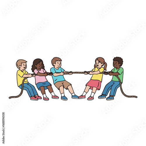 Cartoon illustration of a multicultural group of boys and girls playing a competitive yet friendly game of tug of war