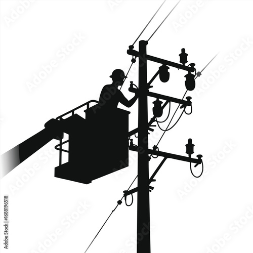 Lineman in bucket truck working on power lines electricity