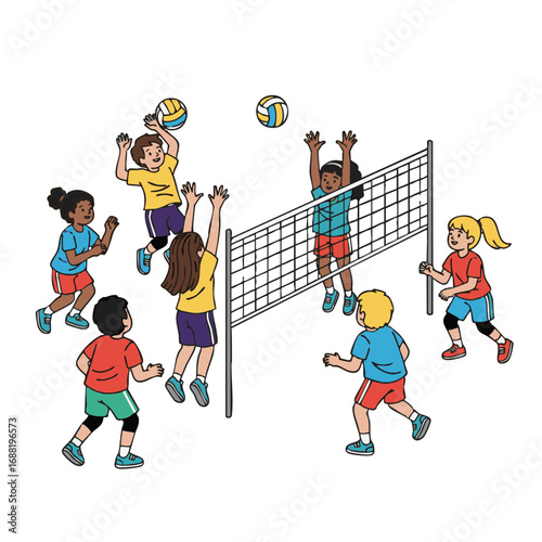 Diverse group of cartoon children happily playing a game of volleyball, demonstrating teamwork and active fun