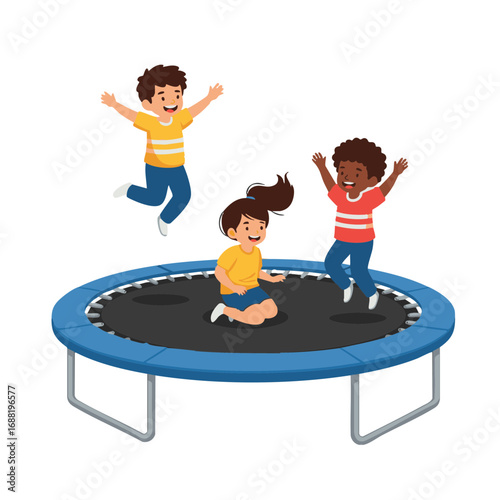 Vector illustration of cheerful diverse children jumping and having fun on a trampoline. Concept of active energetic play, friendship, and joyful childhood moments