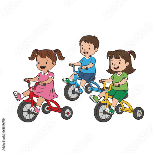 Three happy children riding tricycles in a vibrant outdoor setting