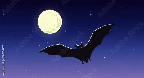 Silhouette of a bat flying at night under a full moon.