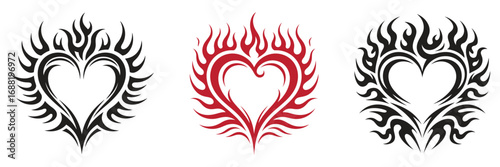 Fiery heart tattoo designs ignite passion and love in bold graphic symbols for Valentine's Day creatives