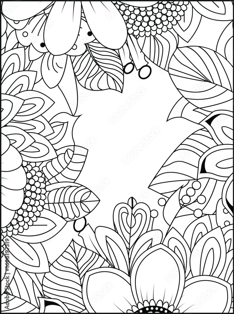 Fototapeta premium Intricate floral frame with leaves and abstract designs for coloring and decoration white background