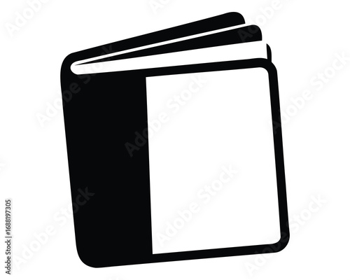A minimalist black and white depiction of a book with blank pages