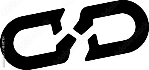 A simple black graphic icon of a broken chain, symbolizing disconnection, freedom, a weak link, or a security breach on a white background
