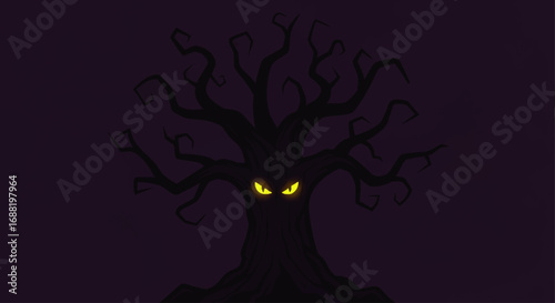 Spooky Haunted Tree with Glowing Eyes in the Dark.