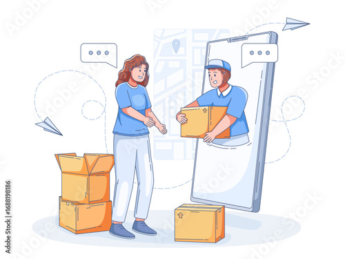 modern delivery concept where a courier hands a package to a woman through a large smartphone screen, symbolizing seamless online shopping, parcel tracking, realtime logistics, and fast shipping 