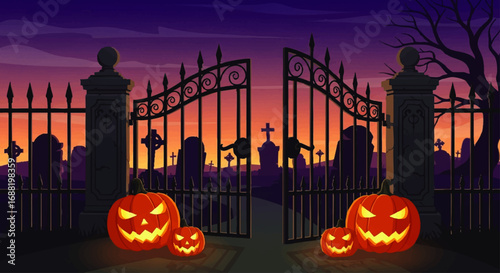 Spooky Halloween Jack O Lanterns Glowing in a Graveyard at Night.