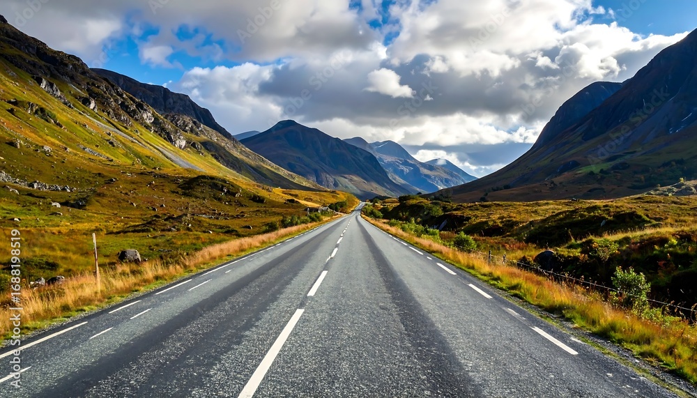 Fototapeta premium A scenic mountain road stretches into the distance under a partly cloudy sky