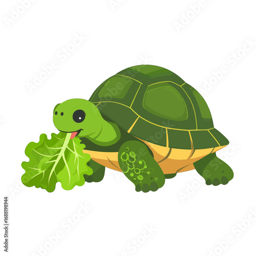 Pixelated Green Turtle Eating Lettuce on White Background