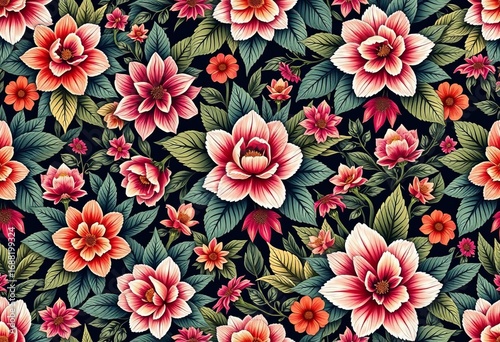 Intricate repeating floral pattern, lush blooms & leaves in seamless design,  wallpaper,  paisley