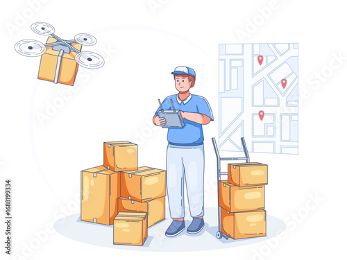 modern delivery system with drone technology with a Courier using a remote control to guide a drone carrying a package. Surrounded by stacked boxes and a map with location pins
