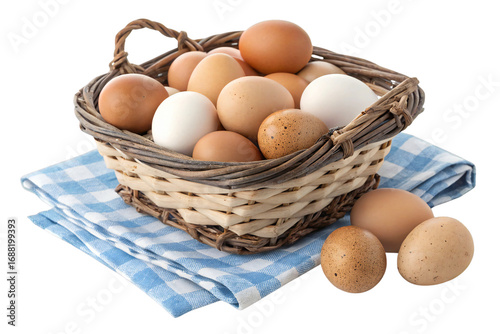 Fresh farm eggs in a wicker basket on blue checkered cloth isolated on white background