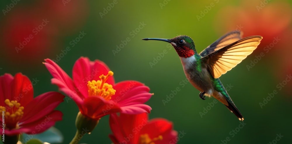 Fototapeta premium Tiny hummingbird hovers, long beak in vibrant red bloom , hovering, exotic, insect