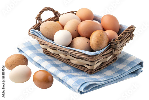 Fresh farm eggs in a wicker basket on blue checkered cloth isolated on white background