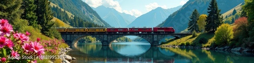 Tranquil train crossing river, blooms, mountain backdrop, snow, river