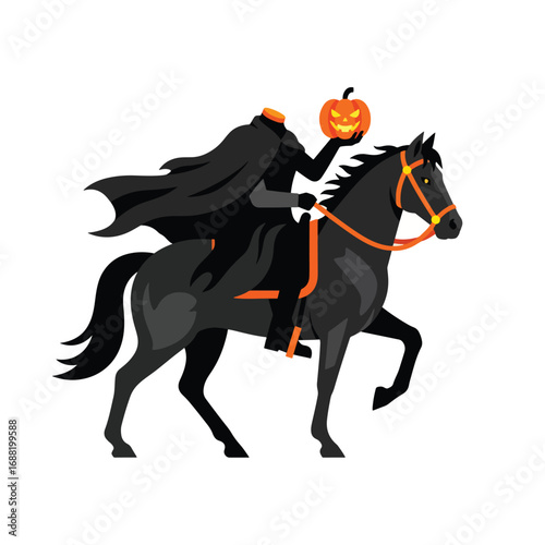 Headless horseman rides a black horse through a spooky forest holding a jacko'lantern on a dark halloween night, creating a chilling and mysterious atmosphere.
