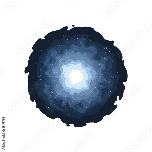 Pixelated Galaxy Illustration with Central White Light and Dark Blue Outer Clouds on White Background